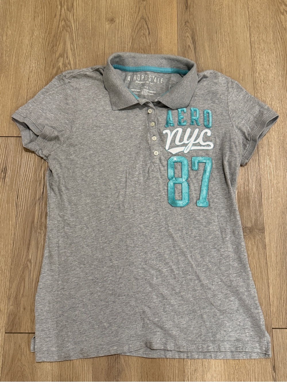 Aéropostale Womens XL Gray Short Sleeve Polo AERO NYC 87 Sequin Logo